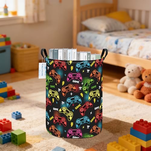 Image of Round Laundry Basket Collapsible Storage Hamper Organizer Game | Waterproof Canvas Foldable Baskets with sturdy Handles Multi-scene Organizer for Home Play Bedroom Gift Bin