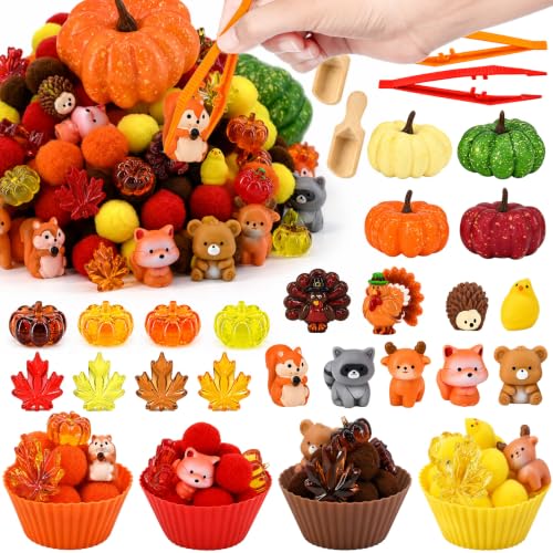 183 Pcs Fall Sensory Bin Items Autumn Animals Counting Sorting Fall Sensory Bin Filler Fine Motor Pumpkin Maple Leaf Squirrel Turkey Counts for Autumn Counting Sorting
