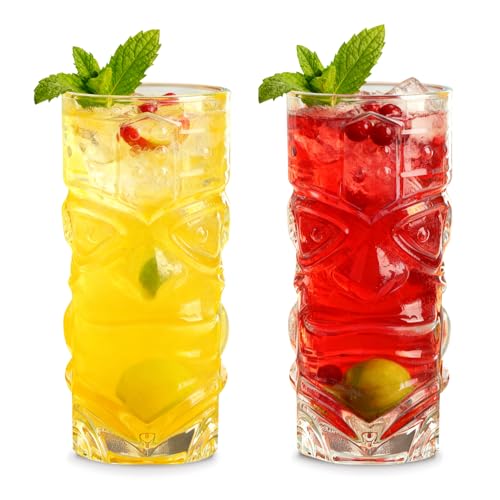 Huucozn 2 PCS Vasos Tiki para Cóctel Transparentes 420 ml, Vaso Hawaiano con Pajita de Acero Inoxidable, Copas de Cóctel para Bebidas Exóticas como Mai Tai y Margarita, Taza Tiki para Bares y Hogar
