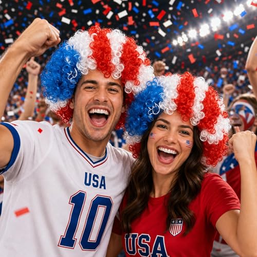 Arcpor USA Colored Afro Wig Red White and Blue Wig American Flag Party Clown Wig for Soccer Games and Football Fans America 4th of July Hair Patriotic Accessories for Man and Women(USA)