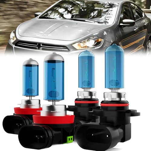 Image of Headlight Bulbs Compatible With Dodge Dart 2013-2015, 9012 High Low Beam + H11 /H8 /H9 Fog Lights Halogen Light Bulb Combo, Super Bright 6000K White, Plug and Play, Pack of 4