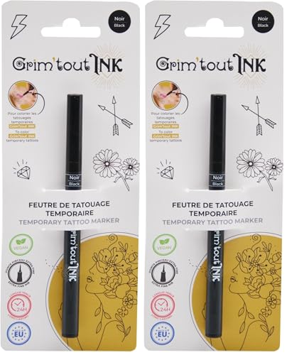 Grim'Tout - Feutre de Tatouage Temporaire Noir - Encre Sans Danger pour la Peau - Vegan - Pointe Extra-fine - Longue Tenue - Loisirs Créatifs et Festifs : Carnaval, Festival, Kermesse (Lot de 2)