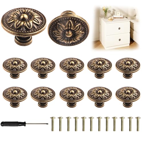 YnewL 12 Stück Möbelgriffe Vintage, 30mm Runde Möbelknöpfe mit Schrauben Schraubendreher, Blumenmuster Schrankknöpfe-Wird für Schränke, Kleiderschränke, Möbel und Hardware-Griffe Verwendet(Bronze