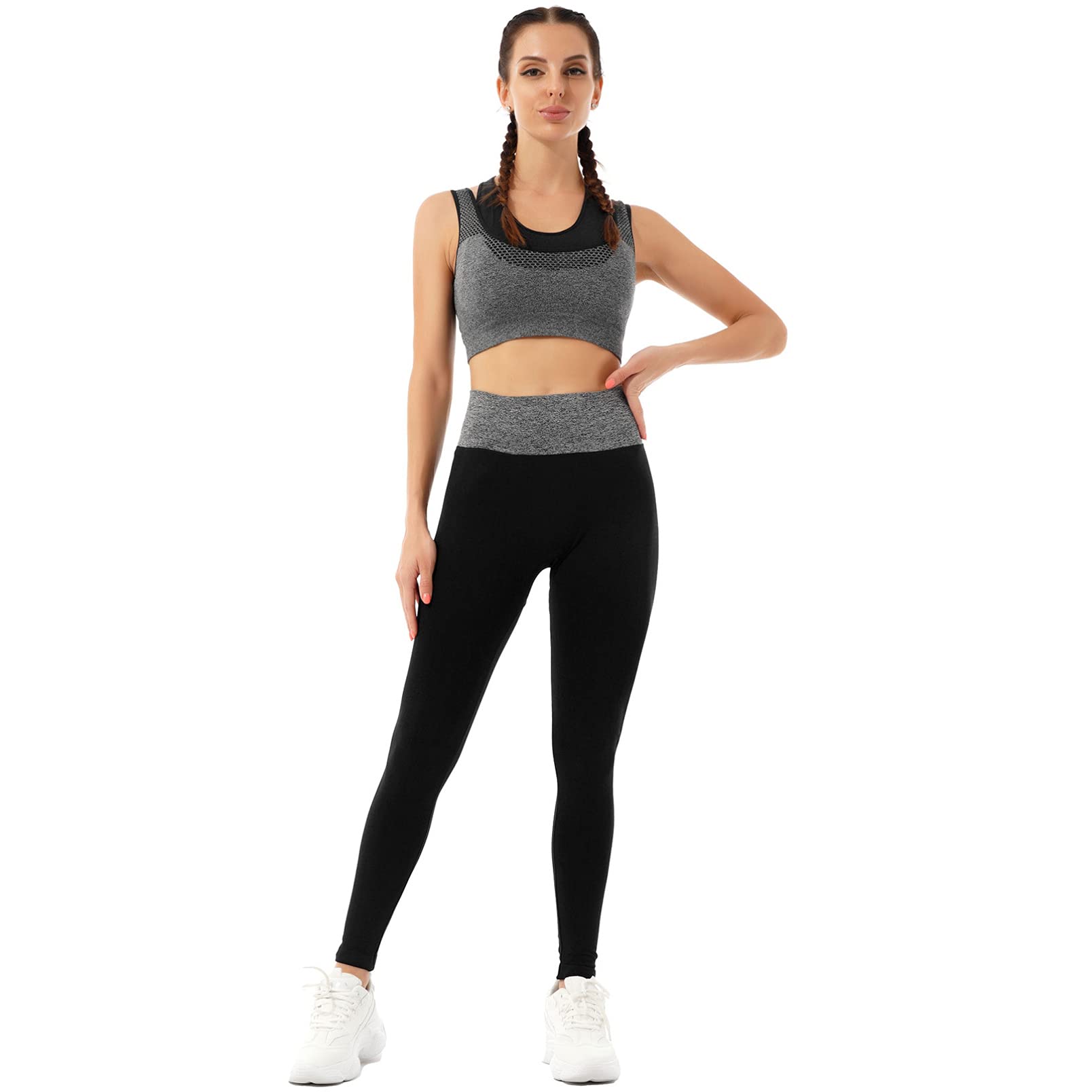 dPois Womens 2-Piece Fitness Workout Outfit Tracksuit Racer Back Sports Bra Crop Tank Tops with Athletic Leggings Sets