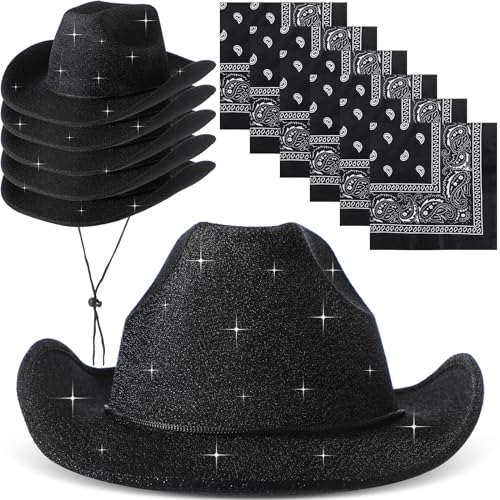 Image of Coume 12 Pcs Sparkly Adults Cowboy Hat and Bandanas Women Men Western Glitter Cowgirl Party Hats with Adjustable Drawstring