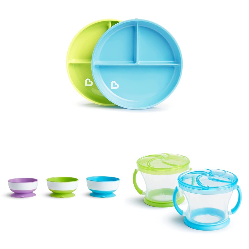 Munchkin® Stay PutTM Suction Plates, Bowls and Snack Cups for Toddlers (Blue/Green/Purple)