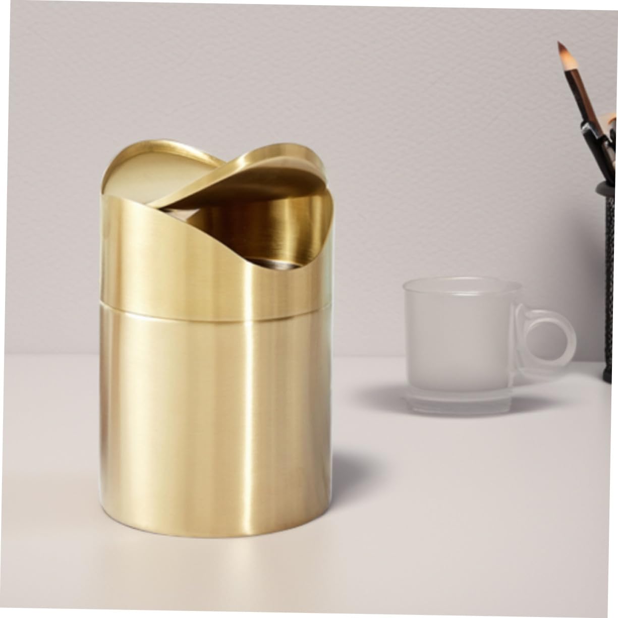 Toyvian Papierkorb aus Edelstahl Kleiner mit Deckel Schreibtisch Mülleimer Organisatorische Vorteile für Büro und Auto Goldener Abfallbehälter