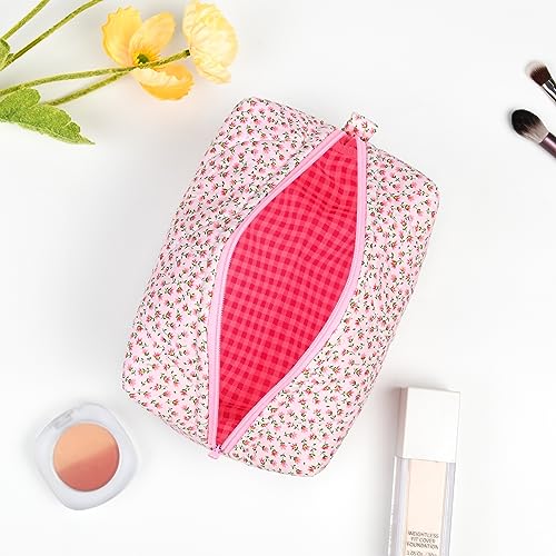 Quilted Makeup Bag Floral Cosmetic Bag Puffy Coquette Makeup pouch Aesthetic Cute Pink Travel Toiletry Bag Organizer cotton Makeup Brushes Storage Bag for Women4