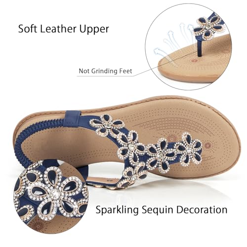 Image of iCKER Women Flat Thong Sandals Rhinestone Sparkly Boho Elastic Ankle Strap | Elastic ankle strap,non‑slip,matches summer dresses,for vacation,wedding,evening and festival