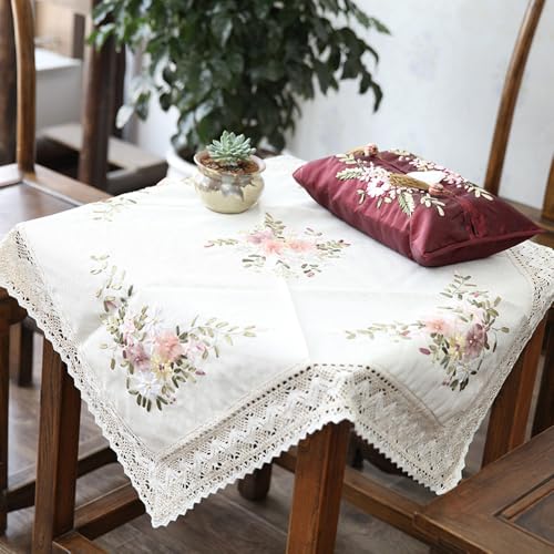 Kit Bordado Principiantes, Mantel Mesa con Patrón Floral Rústico, Set de Bordado DIY Punto de Cruz Hecho a Mano, Delicado Diseño de Encaje de Punto, Juego de Bordado con Plantilla (90 x 90 cm)