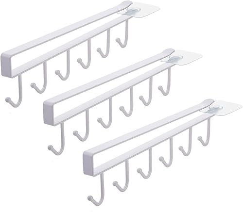 Paquete de 3 ganchos para colgar tazas debajo del gabinete, soporte adhesivo para tazas de café para cocina, 6 ganchos para tazas de té para armario