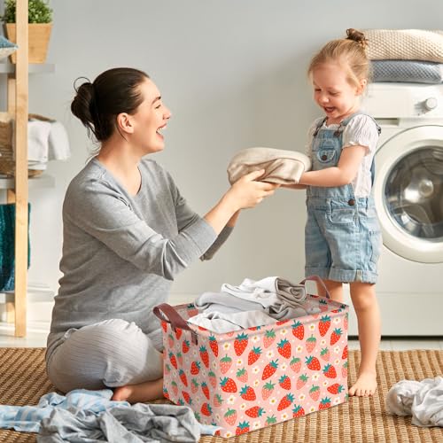 Image of Strawberry Storage Basket Waterproof Canvas Toy Storage Bin Strawberry Shortcake Room Decor Collapsible Outdoor Basket with Leather Handles Blanket Baskets For Closets,Bedrooms,Gifts Baskets