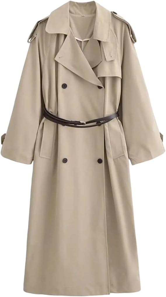 Women's Trench Coat With Double Breasted Belt And Long Coat