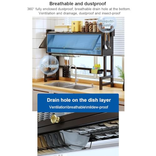 Image of Gvnd Over-The-Sink Dish Drying Rack with Dustproof Flip Cover Door | Multifunctional Adjustable Metal Kitchen Countertop Organizer (Black, 85x80x29Cm)