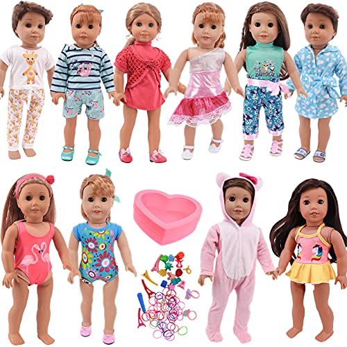 Luckdoll 11pcs Doll Clothes and Accessories for 18 inch American Girl Doll&43 cm New bonr Baby,15inch Bitty Baby Doll Including 10 Sets Fashion Clothes 1 Box of Hairpin Hair Rubber Bands Rings