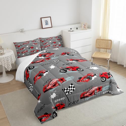 Feelyou Kids Red Grey Race Car Comforter Set Twin Size for Boys Girls — view 4