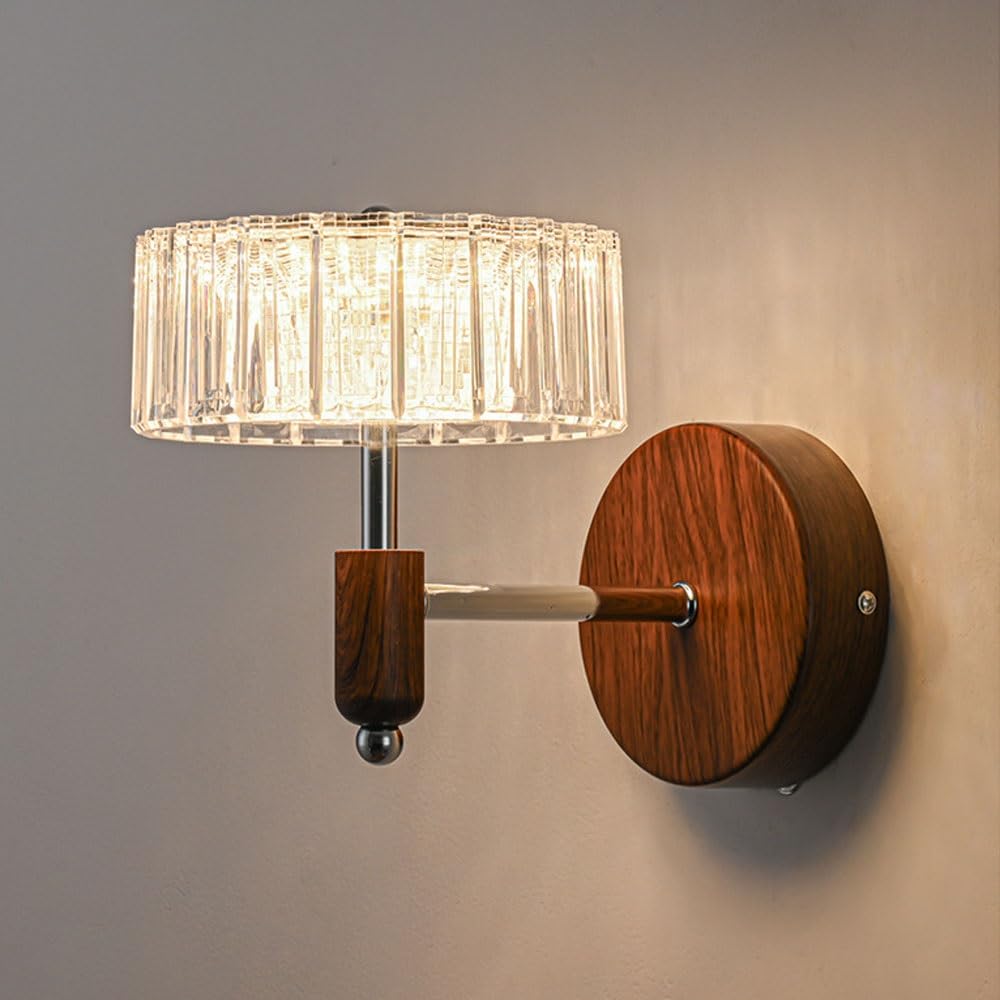 SXWNBIFH Modern Decoration Wall Sconce Mid Century with Clear Acrylic Crystal Shade, Vintage Walnut Grain Wall Light Hardwired Lighting, Farmhouse Bedside Reading Wall Lamp