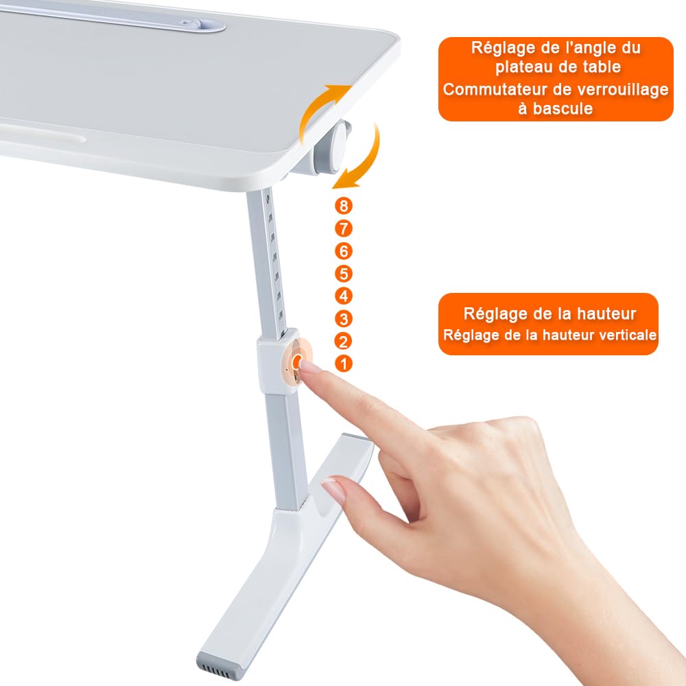 Table d’Ordinateur en Bambou Pliable Réglable avec Tiroir, Support Portable pour Lit Canapé, Blanc 60x40x27-40cm