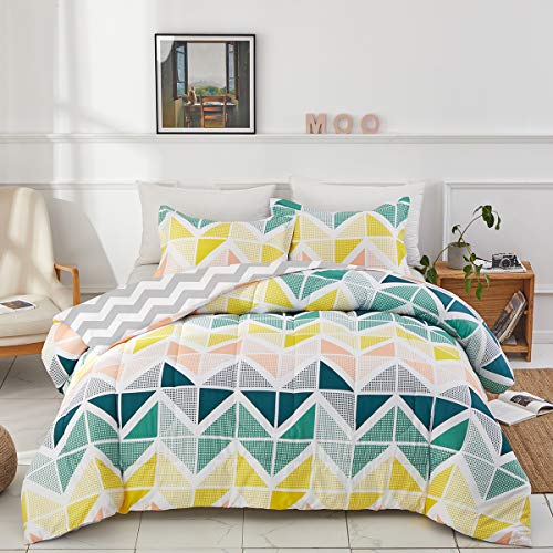 Uozzi Bedding Comforter Set King Size 3 Pieces Colorful Style Yellow Green Cubes Triangles Print Reversible Down Alternative 800 Tc Adult Duvet Sets #TOP1
