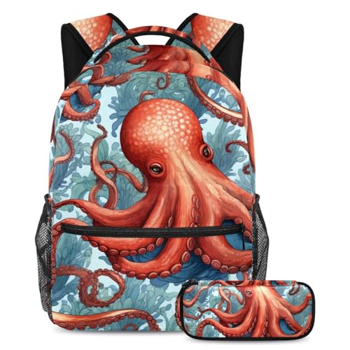 Sac à dos avec trousse motif pieuvre d'animaux marins pour garçons filles et adolescents