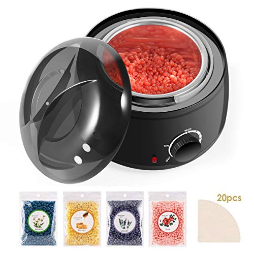 Wax Warmer Hair Removal Kit, Electric Professional Wax Heater Hair Removal Kit with 4 Different Flavor Hard Wax Beans and 20 Wax Applicator Sticks, Suitable for All Wax Types