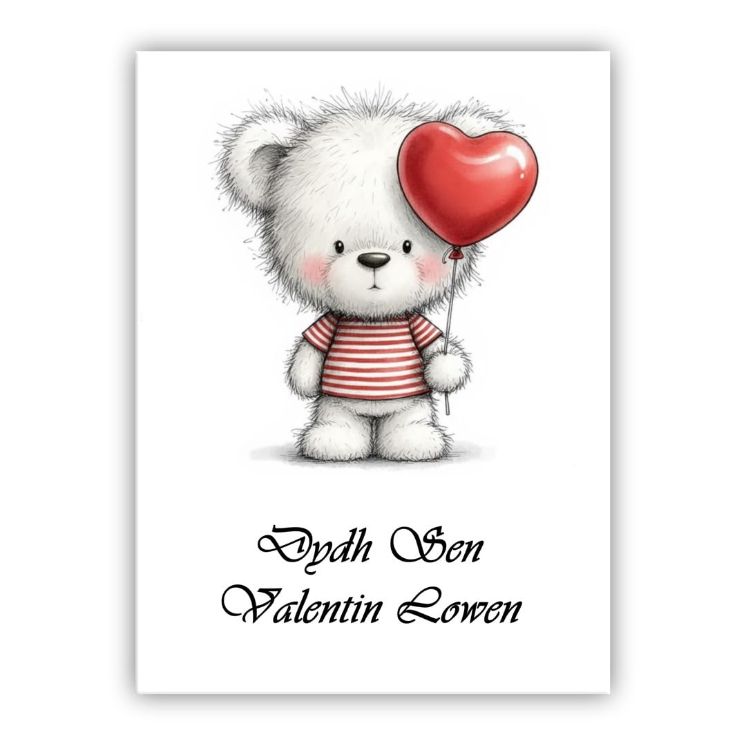 Multilingual Valentine’s Day Card – Cute Bear with Heart Balloon – Romantic Greeting Card for Husband, Wife, Boyfriend, Girlfriend (• Cornish: Dydh Sen Valentin Lowen)