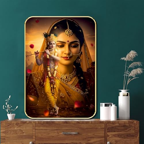 Image of SAF Radha Krishna Devotional Wall Art | Golden Glow Spiritual Painting with Flute | MDF Wall Hanging for Pooja Room Living Room Bedroom Temple Decor & Gift (13 x 19 inch) MG01-1033