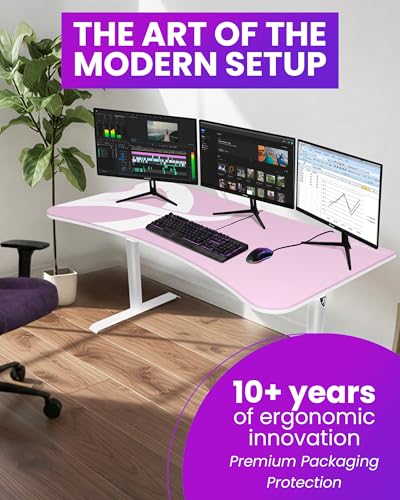 Image of Arozzi Arena Ultrawide Curved Gaming and Office Desk with Full Surface Water Resistant Desk Mat Custom Monitor Mount Cable Management Cut Outs Under The Desk Cable Management Netting - Pink