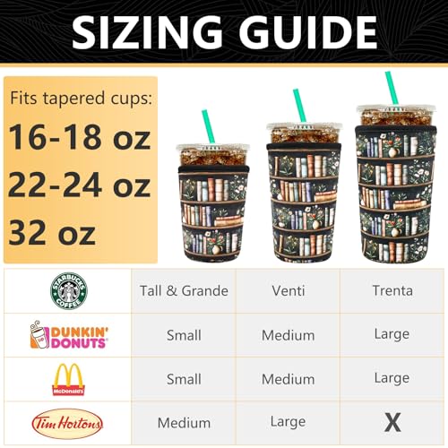 Image of YR Reusable Neoprene Insulator Sleeve for Iced Coffee Cups, 3 Pack Coffee Coolies sleeves for Iced & Hot Drinks, Cold Beverage Cooler Compatible with Starbucks Coffee and More (Bookshelf & Flower)