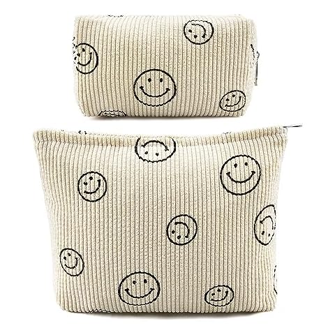 Wowang 2pcs Cosmetic Bag Cute Makeup Bag Smile Face Makeup Pouch Travel Toiletry Bag for Women Aesthetic Accessories Makeup Brushes Storage Bag Organizer(Beige) Cover