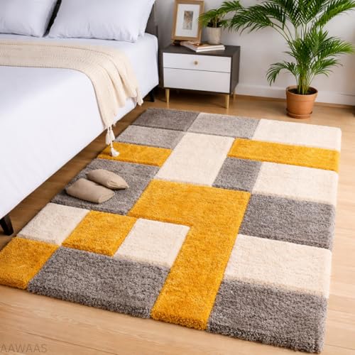 Image of 3D Shaggy Polyester Carpet Rug Runner Area Mats for Bedroom /Living Area /Home with Anti Slip Backing Soft /Fluffy Hight Pile - (3D Yellow B, 4x6 feet)