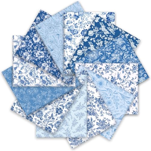 Whaline 12Pcs Vintage Floral Cotton Fabric Bundles Blue White Flower Fat Quarters Chinoiserie Quilting Patchwork for DIY Sewing Craft Decor, 18 x 22 Inch