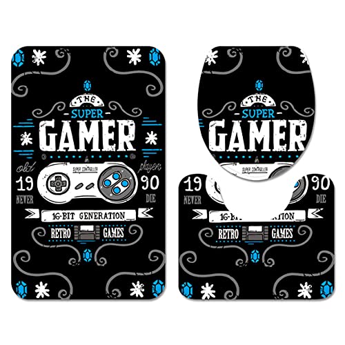 3 Teiliges Set Gamer Gamepad Action Button Druck Badematten Set Anti Rutsch Teppich Fußmatte Badezimmer Abdeckung WC…
