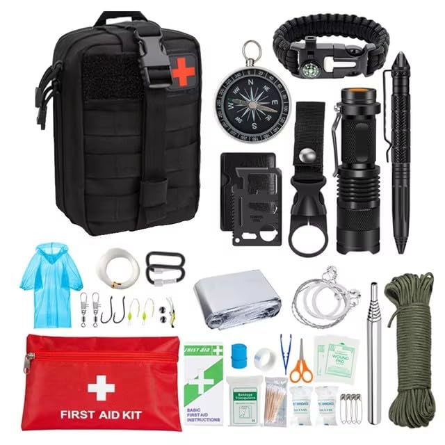 Kit de Sobrevivência Militar para Primeiros Socorros, 38 em 1, Mochila Molle, Lanterna, Bússola, Corda, Bracelete de Sobrevivência
