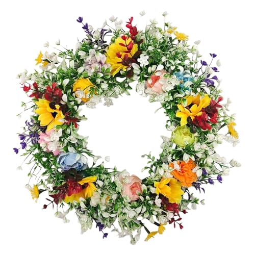 Sunflower Wreath, 17 Inch Fade Resistant Artificial Fall Wreath with Lifelike Sunflowers White Flower and Rich Green,Autumn Wreaths for Farmhouse Wall Thanksgiving Day Harvest Festival Decor (Green) - image 1