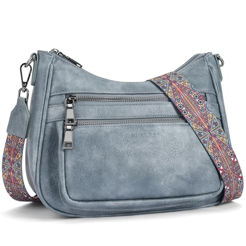Image of KITEVIUN Crossbody Bags for Women Leather Purse Trendy Multi Pocket Shoulder Handbags with Adjustable Guitar Strap