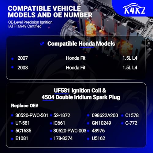Image of X4XZ UF581 Ignition Coil & 4504 Double Iridium Spark Plug Replaces# C1578 | Fits for 2007-2008 Honda Fit 1.5L l4