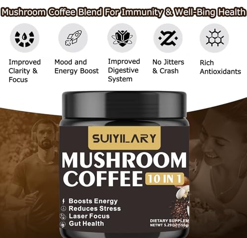 Mushroom Coffee, 10 Mushroom Extract Powder Blend Lion's Mane, Reishi, Chaga, Cordyceps, Turkey Tail, Brain Supplements with Instant Coffee for Energy, Focus, Memory and Immunity, 150g 30 Serving - Image 6