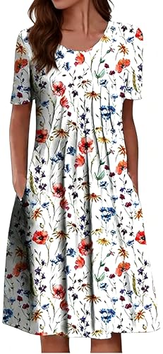 Image of Size M Summer Dresses for Women Casual Short Sleeve Knee Length T-Shirt Dress Swing Flowy Loose Fit A Line Boho Midi Dress with Pockets Floral 01 White