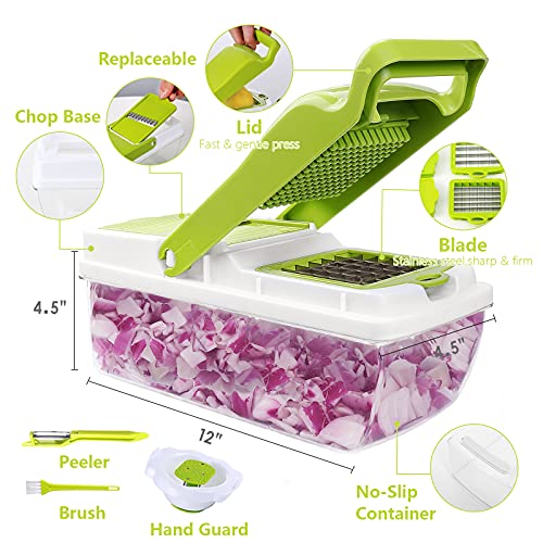 Veggie Chopper Vegetable Chopper, 12 In 1 Multifunctional Food Dicer Onion Cutter, Mandoline Slicer with Container, 6 Interchangeable Stainless Steel Blades, Citrus Reamer, Peeler, Brush