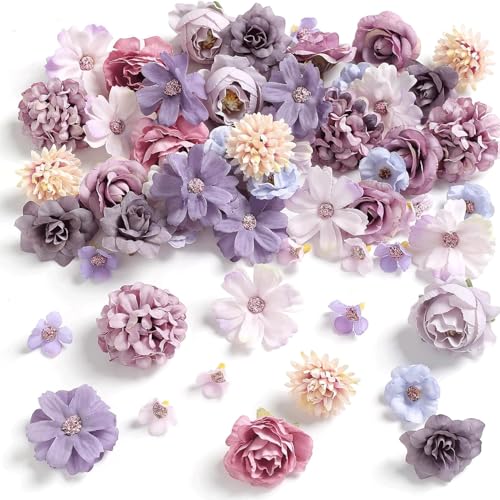 Barlone Kunstblumen zum Basteln, 20 Stück Künstliche Blumen 2,2~4,3cm, Kunstblumen Lila, Deko Blumen Künstlich, Seidenblumen Köpfe für DIY Basteln Scrapbooking Hochzeit Party Home Handwerk Deko