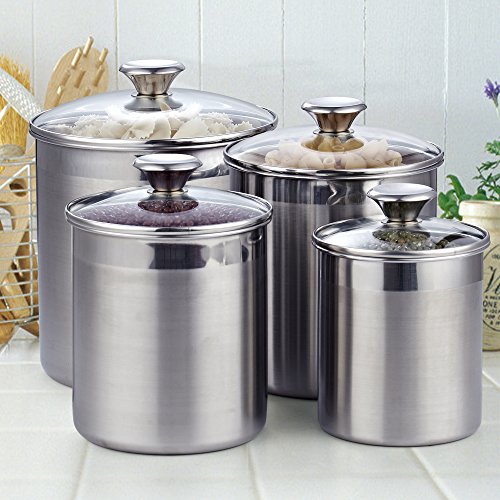 Cooks Standard Stainless Steel Airtight Glass Lid 4-Piece Food Jar Storage Canister Set For Tea Cofee Sugar Flour Baking Pantry Kitchen Counter #TOP6