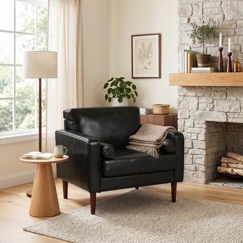 Image of Faux Leahter Accent Chair, Comfy Upholstered Armchairs for Living Room, Modern Bedroom Reading Seat with 2 Bolster Pillows, Black