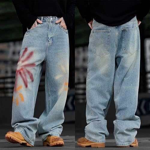 Baggy Jeans Men Y2k Emo Graphic Denim Barrel Pants Men Washed Low Waisted Graffiti Wide Leg Streetwear for Skater Jeans4