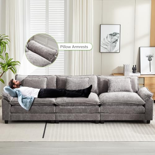 Image of Oprisen 120 inch Modular Sectional Sofa, Comfy Cloud Couch Sectional Sofa, Chenille Sofa Sleeper Deep Seat Sofa with Throw Pillows for Living Room (Light Gray, 120 inch- 3 Seater)
