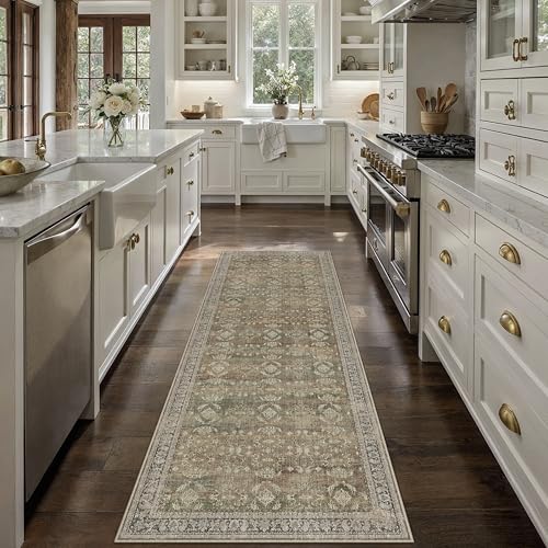 PureCozy Beige Runner Rug 2x6 Vintage Area Carpet Hallway Long Indoor Kitchen Washable Living Room Low Pile Traditional Distressed Retro Accent Throw Rug Non Slip Laundry Bathroom Office