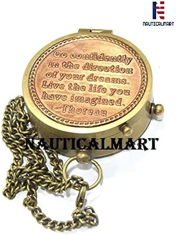 NauticalMart Brass Compass (Thoreau's Go Confidently Quote Engraved Compass with Stamped Leather case)