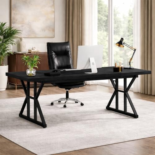 Image of Executive Computer Work Desk | Wooden Office Table for Home, Office, Workstation, Study | Strong Metal Frame Computer Table (Black)