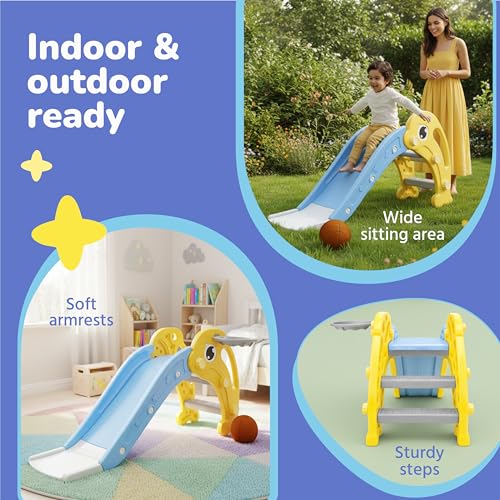 Image of Lifelong Cuppy Dolphin Slide for Kids 1+ Years with Basketball Hoop | Toddler Slide for Indoor Outdoor Play | Baby Durable Plastic Slide, Easy Assembly, Safe Fun Playset | Toy for Kids Boys & Girls