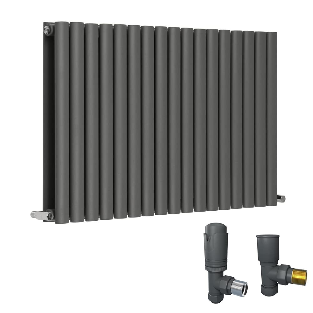 Warmehaus Anthracite 600 X 1004Mm Double Oval Column Horizontal Radiator With Thermostatic Valves Set